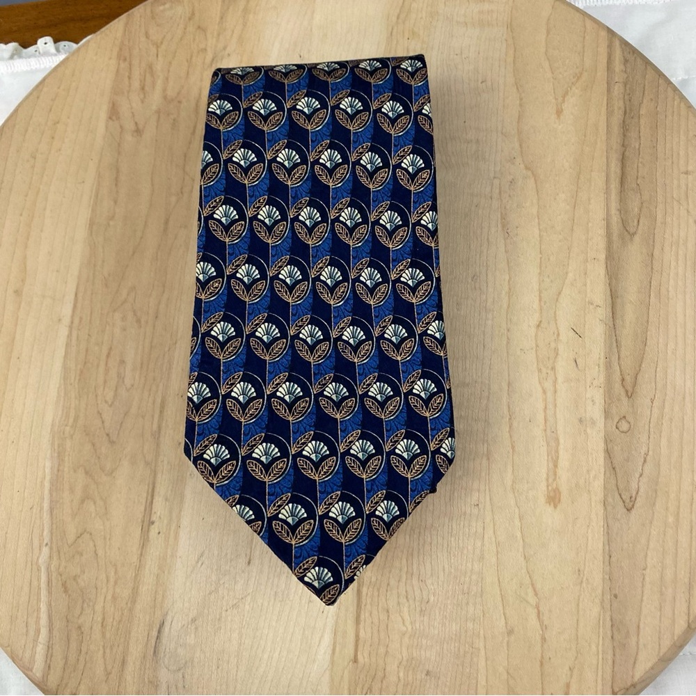 Ermenegildo Zegna Mens Tie Woven 100% Silk Navy Brown Geometric Floral Print‎
